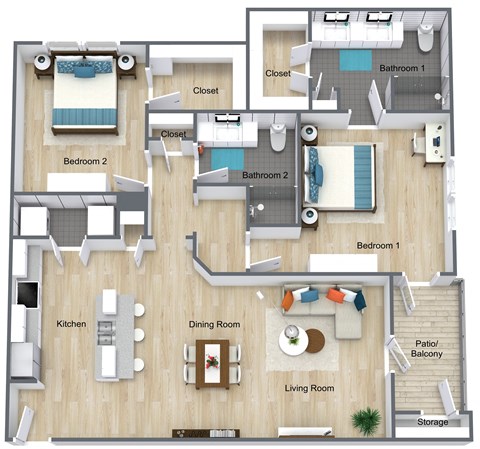 Floor plan for 2 beds, 2 baths, 1301 sqft